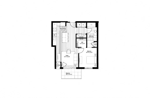 Floor plan for 1 bed, 1 bath, 768 sqft